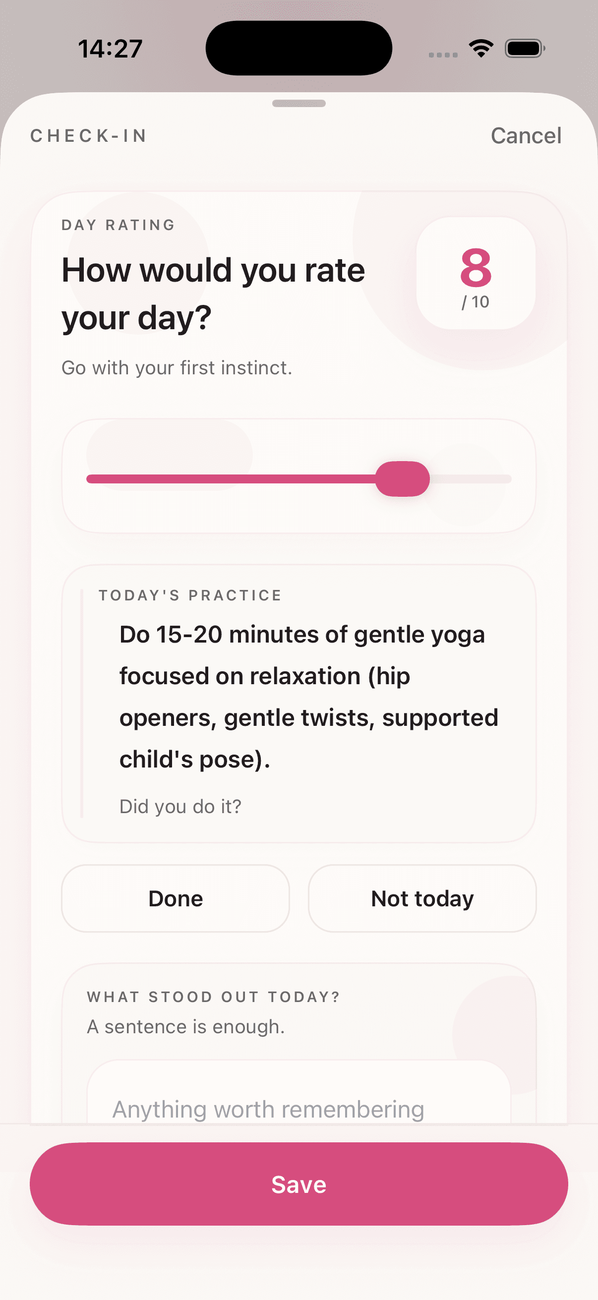 HerLyfe check-in screen for logging a quick daily update for an active experiment.
