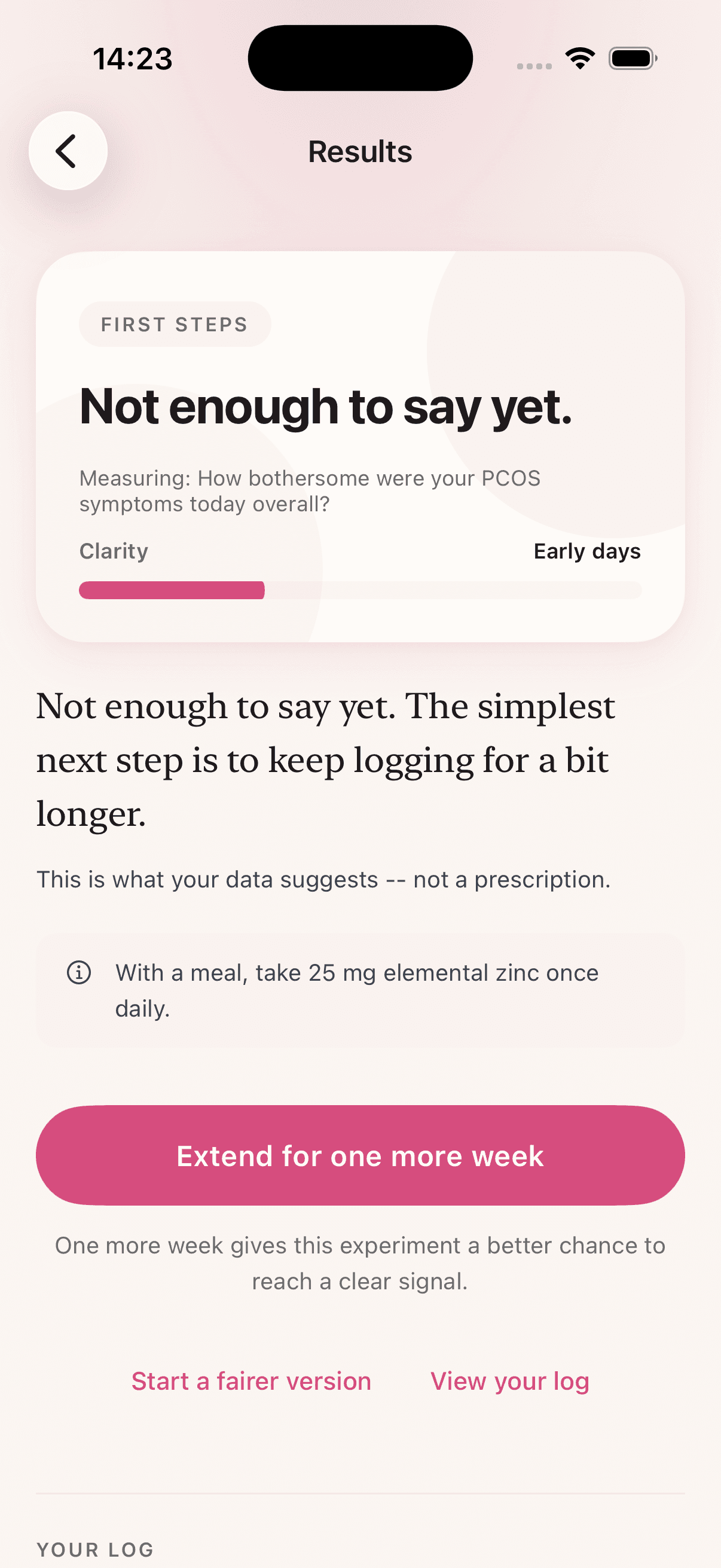 HerLyfe Results screen showing clarity progress and plain-language interpretation of check-in data.